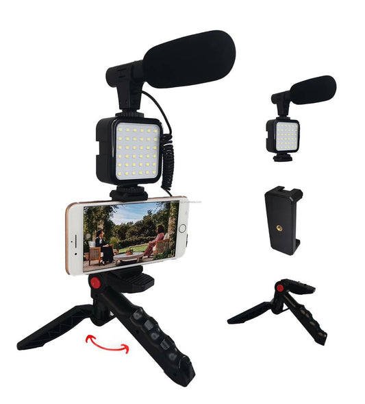 All-in-One Vlogging Kit, Wireless Remote, Microphone,  Table Tripod & LED Lights for complete Vlogging Experience, Content Creation, Podcasting, Broadcasting and more. Smartphone Vlog Video Kit with Table Tripod, Phone Holder,