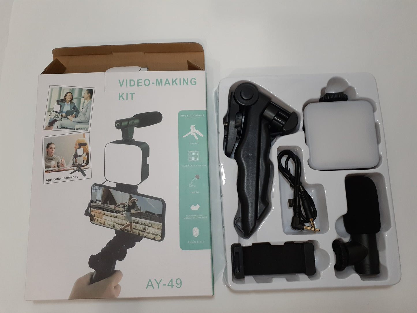 All-in-One Vlogging Kit, Wireless Remote, Microphone,  Table Tripod & LED Lights for complete Vlogging Experience, Content Creation, Podcasting, Broadcasting and more. Smartphone Vlog Video Kit with Table Tripod, Phone Holder,